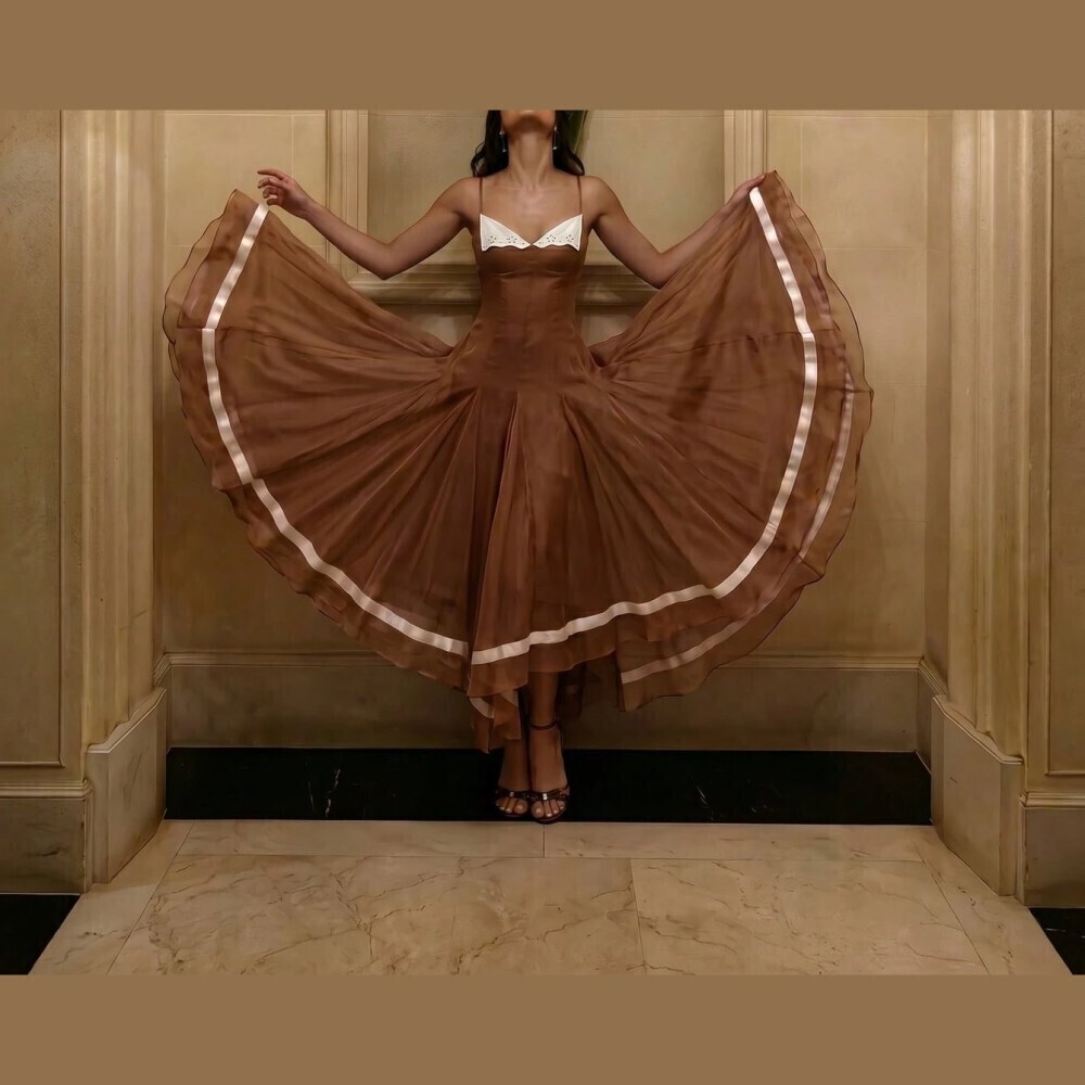 Brown Contrast Trim Spaghetti Strap Flowy Long Maxi Dress